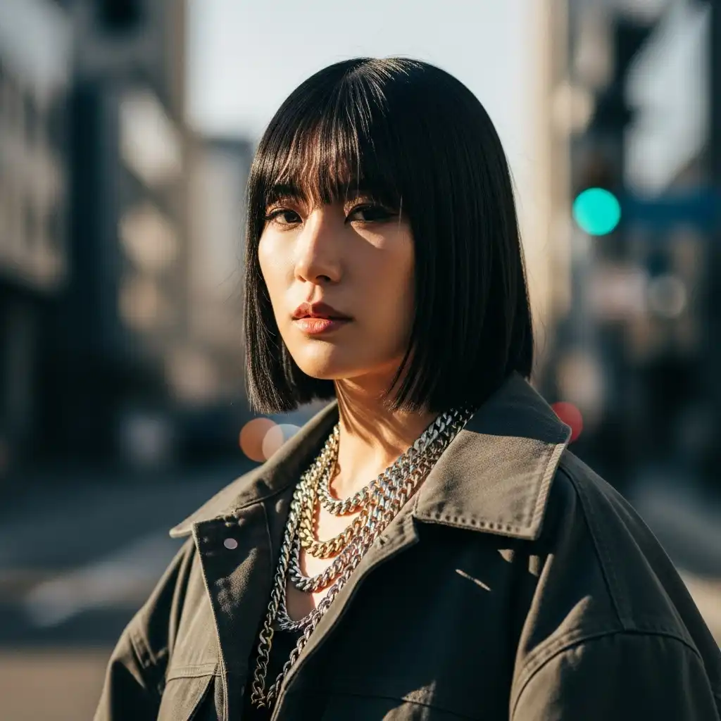 Synthetic street portrait of a woman with a dark bob haircut